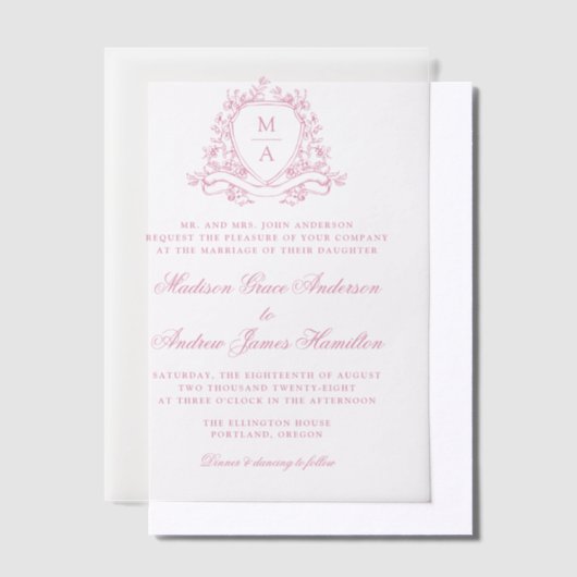 Elegante Rose Rosa Wappen Monogramm Hochzeit Pergament Einladungen (Versetzt)