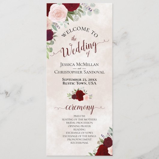 Elegante Rose Rot und Rosa Wasserfarben Hochzeit Programm (Vorderseite)