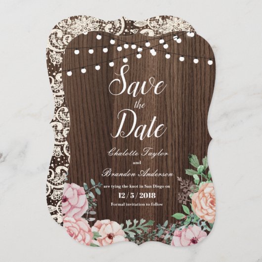 Elegante Rose Save the Date Karte - rustikales Hol (Vorne/Hinten)