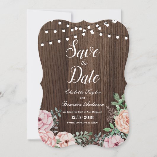 Elegante Rose Save the Date Karte - rustikales Hol (Vorderseite)