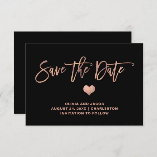 Elegante Rose Schwarz mit Herz Save The Date (Vorne/Hinten)
