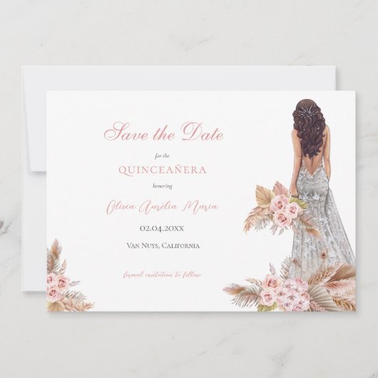 Elegante Rose Script Pampas Grass Quinceañera Save The Date (Vorderseite)