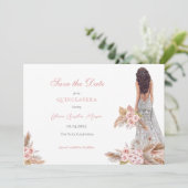 Elegante Rose Script Pampas Grass Quinceañera Save The Date (Stehend Vorderseite)
