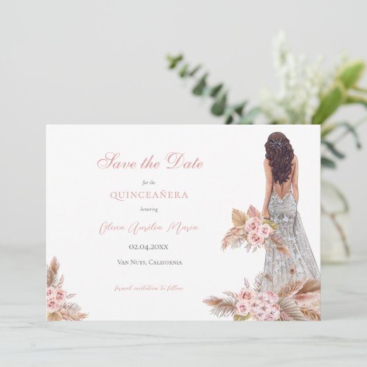 Elegante Rose Script Pampas Grass Quinceañera Save The Date (Stehend Vorderseite)