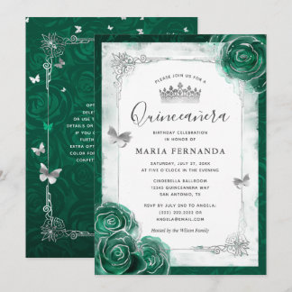 Elegante Rose Silver Green Quinceanera Einladung