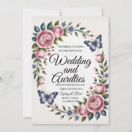 Elegante Rosé- und Blaue Wasserfarben-Blumenhochze Einladung