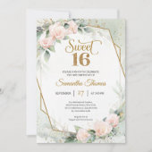 Elegante Rose und Eukalyptusgold-Glitzer Einladung (Vorderseite)