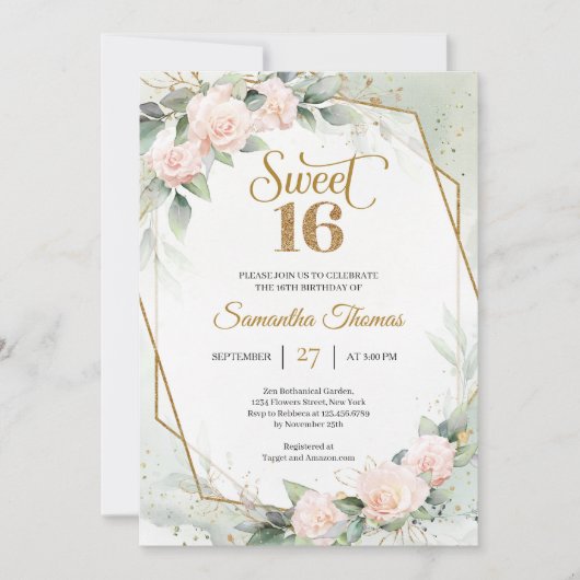 Elegante Rose und Eukalyptusgold-Glitzer Einladung (Vorderseite)