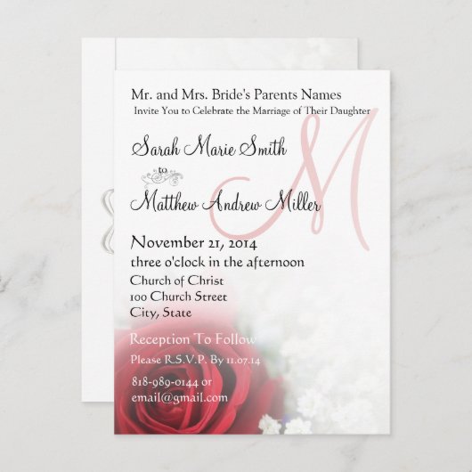 Elegante Rose und Gipskraut Hochzeit Einladung (Vorne/Hinten)