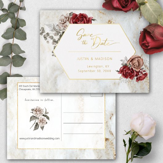 Elegante Rose und Grünflächen Save the Date Skript Folie Einladungspostkarte