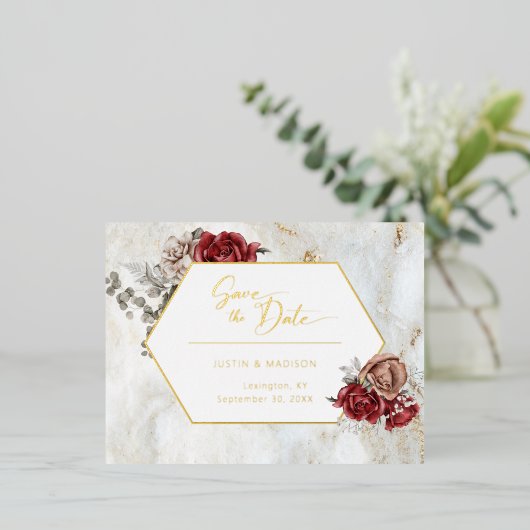 Elegante Rose und Grünflächen Save the Date Skript Folie Einladungspostkarte (Stehend vorne)