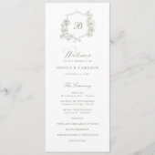 Elegante Rose Wappen Monogram Sage Wedding Programm (Vorderseite)