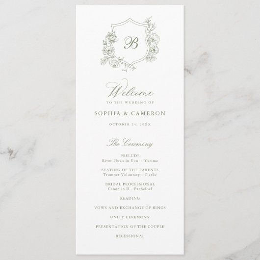 Elegante Rose Wappen Monogram Sage Wedding Programm (Vorderseite)