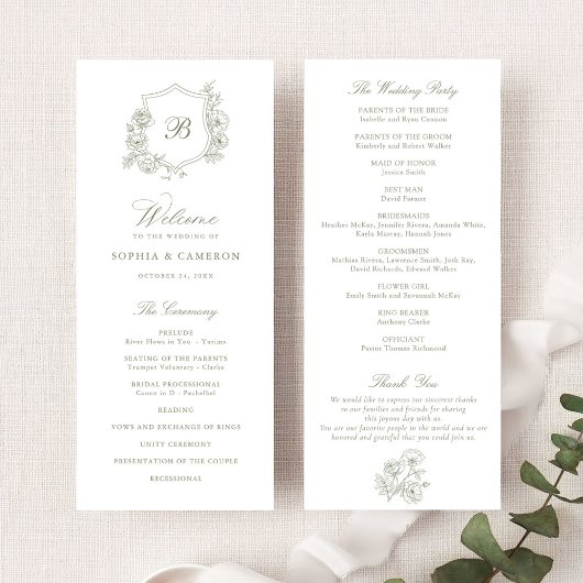 Elegante Rose Wappen Monogram Sage Wedding Programm