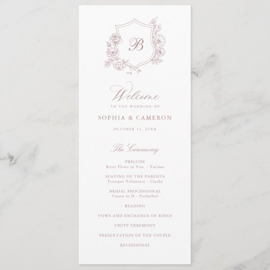 Elegante Rose Wappen Monogram Wedding Programm (Vorderseite)