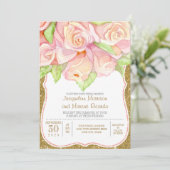 Elegante Rose Wasserfarben Blumenstrauß Pink Gold Einladung (Stehend Vorderseite)