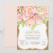 Elegante Rose Wasserfarben Blumenstrauß Pink Gold Einladung (Vorne/Hinten)