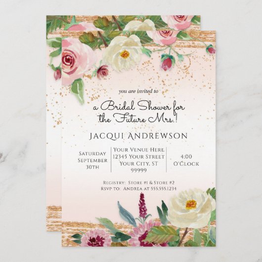 Elegante Rose Wasserfarben Blütenrot Einladung (Vorne/Hinten)