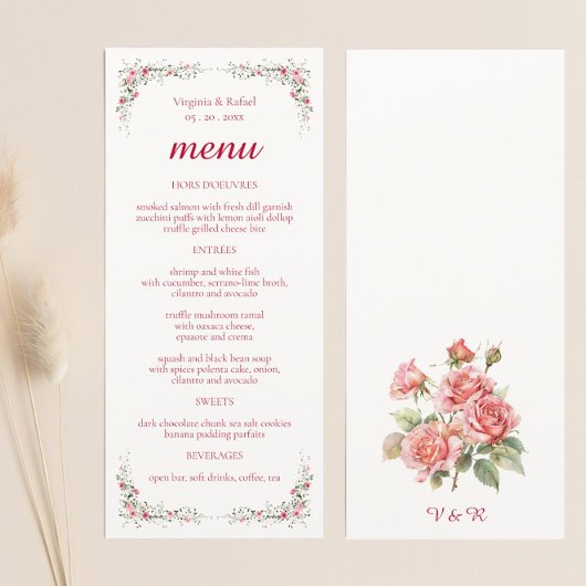 Elegante Rose Wasserfarbenhochzeit Menükarte