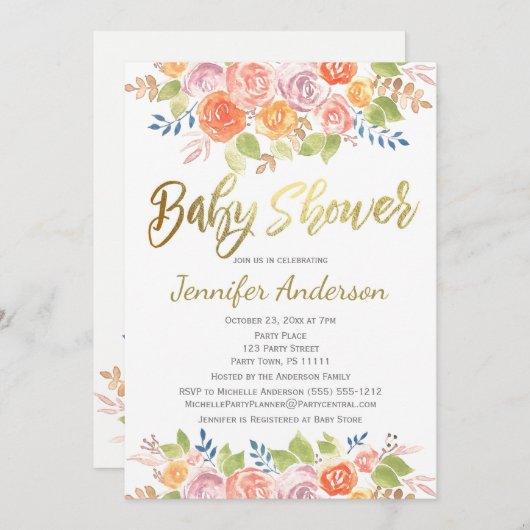 Elegante Rose Watercolor Babydusche Einladung (Vorne/Hinten)