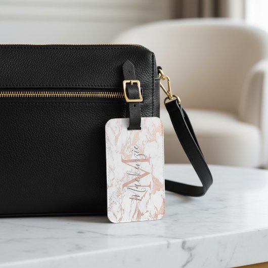 Elegante Rose | Weißer Marmor | Monogramm Gepäckanhänger