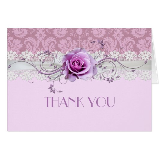 Elegante Rose Wirbel Ribbon Damask Danke Karte (Vorderseite (Horizontal))