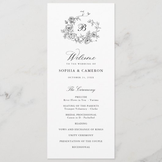 Elegante Rose Wreath Monogram Wedding Programm (Vorderseite)