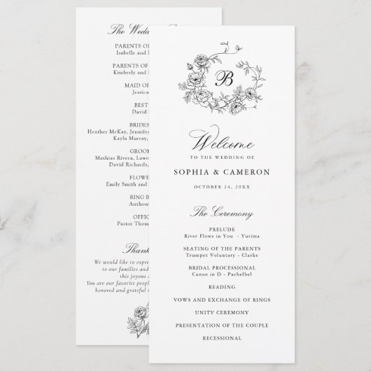 Elegante Rose Wreath Monogram Wedding Programm (Vorne/Hinten)