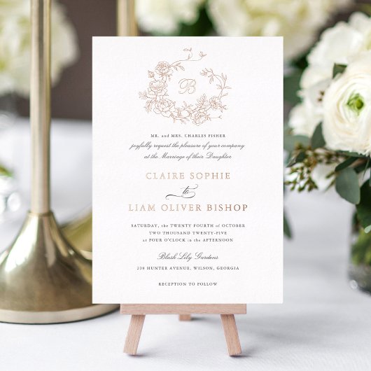 Elegante Rose Wreath Wedding Monogram Gold Folieneinladung