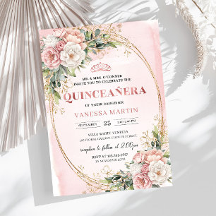 Elegante Roségold-Blumen-Eucalyptus-Quinceañera Einladung