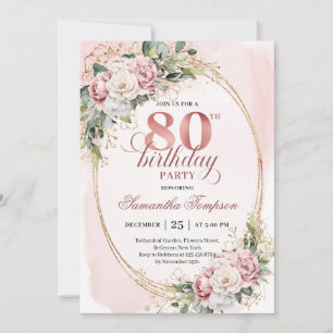 Elegante Roségold-Blumen-Eukalyptus 80. Geburtstag Einladung