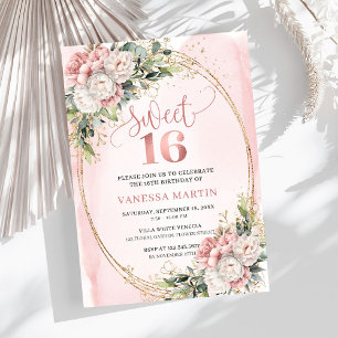 Elegante Roségold-Blumen-Greenery Sweet Sixteen  Einladung