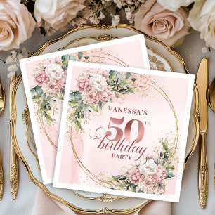Elegante Roségold-Blush-Blumen zum 50. Geburtstag Serviette