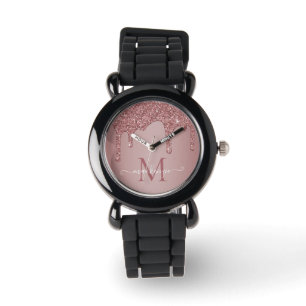 Elegante Roségold-Funkel-Glitter-Tropfen Monogramm Armbanduhr