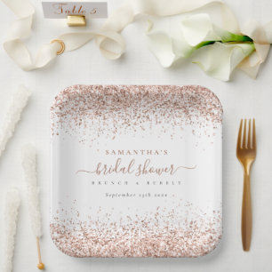 Elegante Roségold Glitter Name Datum Brautparty Pappteller