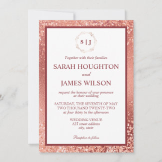Elegante Roségold Glitter und Burgunder Hochzeit Einladung