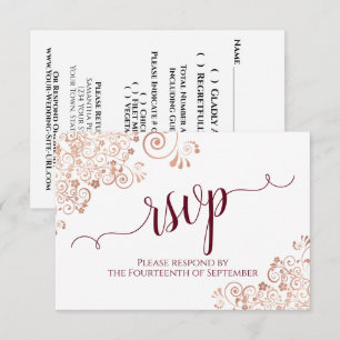 Elegante Roségold- und Burgunder-Kalligrafie-Hochz RSVP Karte