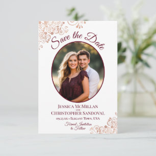 Elegante Roségold- und Burgunder-Oval-Foto-Hochzei Save The Date