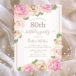 Elegante Roségold-Wasserfarben-Blumen zum 80. Gebu Einladungspostkarte