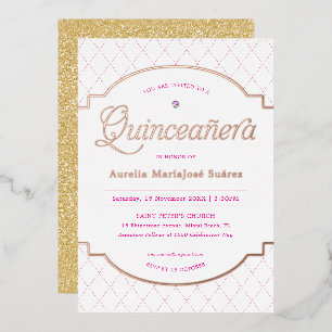 Elegante roségoldene Glitter-Quinceañera-Geburtsta Folieneinladung