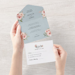 Elegante Rosen Editierbare Blaue Hochzeit All In One Einladung