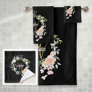 Elegante Rosen Florale Schrift Monogramm Schwarz G Badhandtuch Set