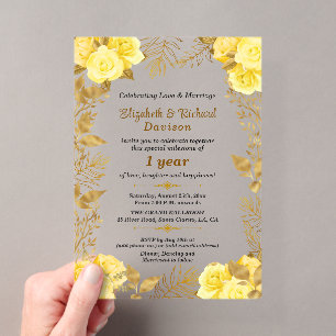 Elegante Rosen Gold Blumen 1. Hochzeitsjubiläum Acryleinladungen
