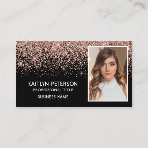 Elegante Rosen-Gold-Glitter-Foto-QR-Code-Schwarz Visitenkarte