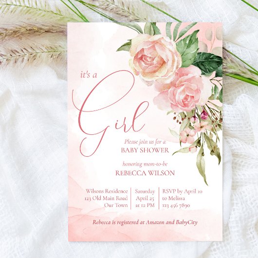 Elegante Rosen in Rosa, ein Mädchen, das duscht Einladung