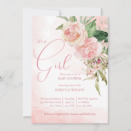 Elegante Rosen in Rosa, ein Mädchen, das duscht Einladung (Vorderseite)