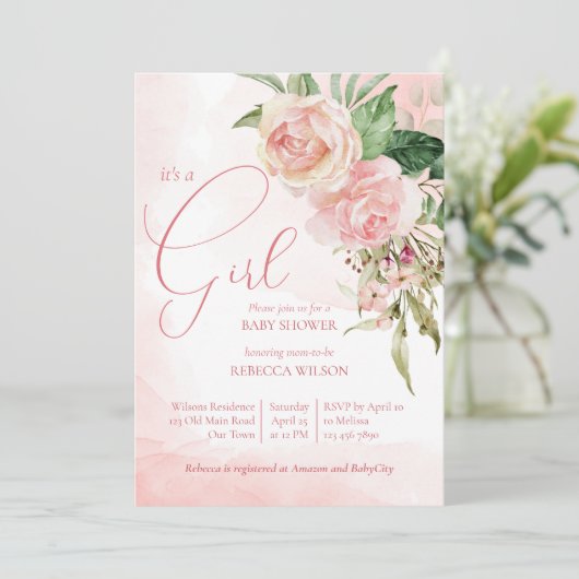 Elegante Rosen in Rosa, ein Mädchen, das duscht Einladung (Stehend Vorderseite)