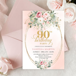 Elegante Rosen in Rosa mit Gold Boho 90. Geburtsta Einladung