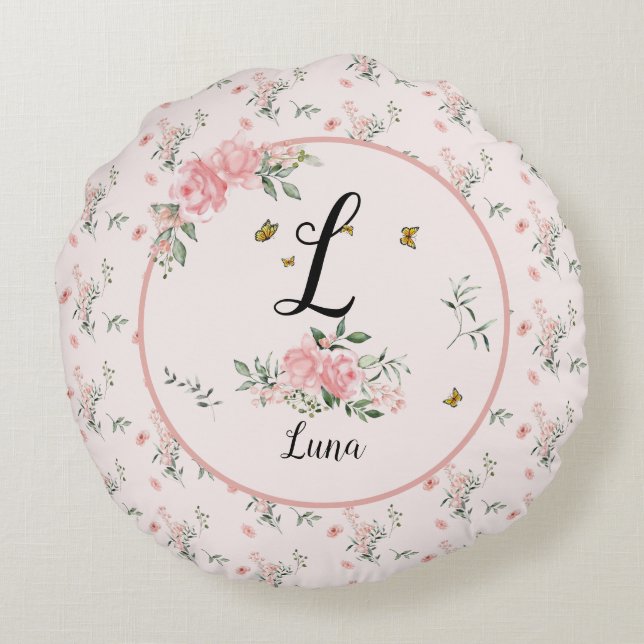 Elegante Rosen mit Schmetterlingen Rundes Kissen (Rückseite)