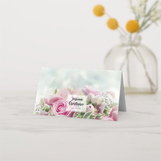 Elegante Rosen & Peony Buds Aquamarine Hochzeit Platzkarte (Rückseite)